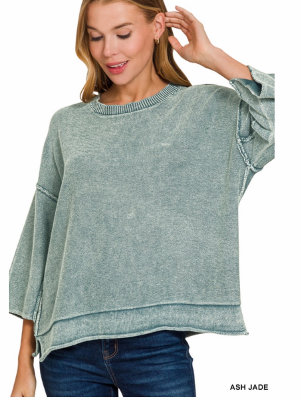 363 Zenana ash jade WASHED 3/4 SLEEVE
BOXY SWEATER